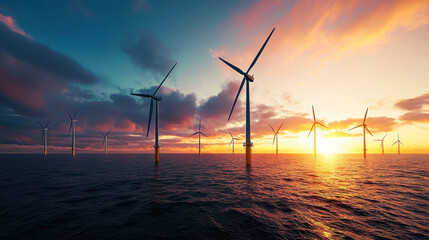 Obraz premium Wind turbines at sunset over the ocean.