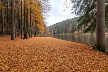 Autumn leaves fall on a woodland path in the forest