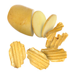 Raw potato turning into tasty crispy chips in air on white background