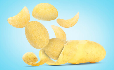 Raw potato turning into tasty crispy chips on light blue gradient background