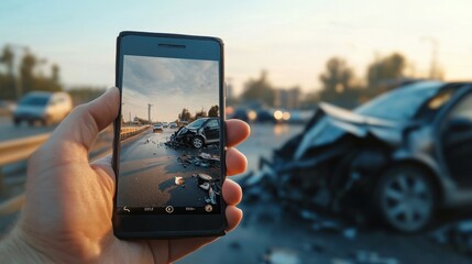 A person captures a photo of a car accident with a smartphone on a busy road.