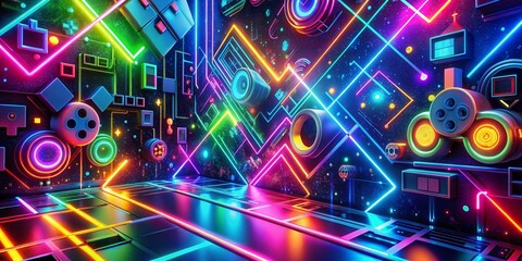 Dynamic Video Gaming Background with Abstract Shapes and Neon Colors for Gaming and Tech Themes