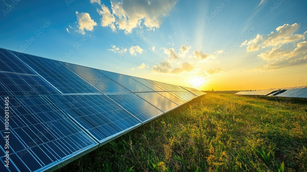 Poster a solar panel installation in a solar farm with an open sky above for adding text or copy.