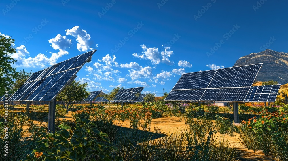 Poster a solar panel installation in a solar farm with an open sky above for adding text or copy.
