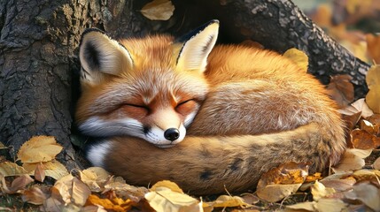 Fototapeta premium A cute red fox curled up and sleeping peacefully among autumn leaves under a tree.