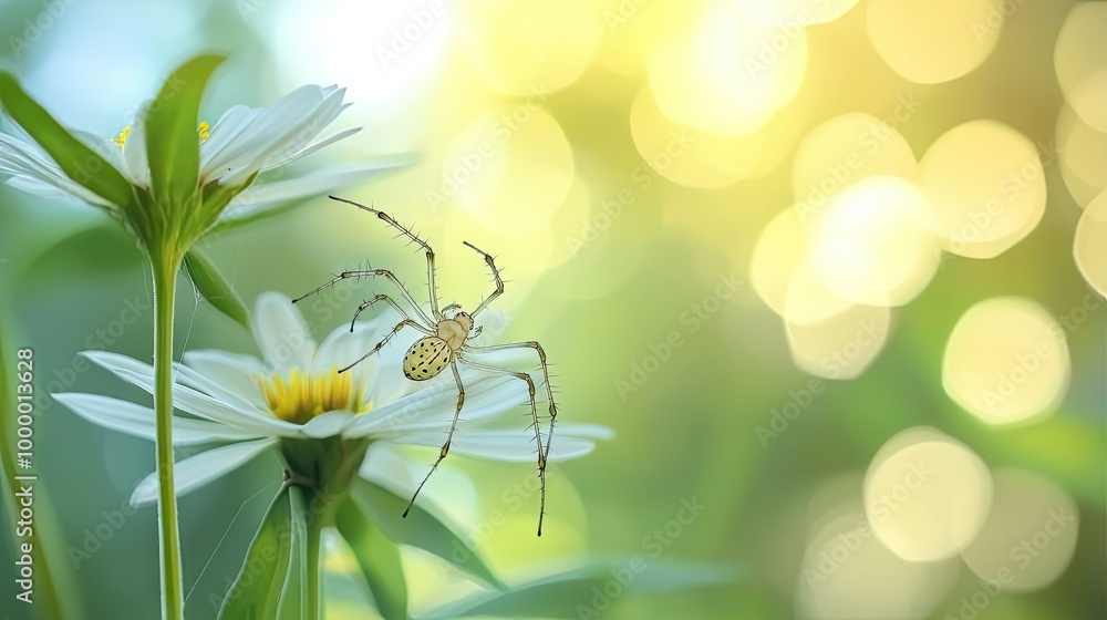 Poster a spider climbing a flower stem with a blurred garden background, leaving ample space for adding tex