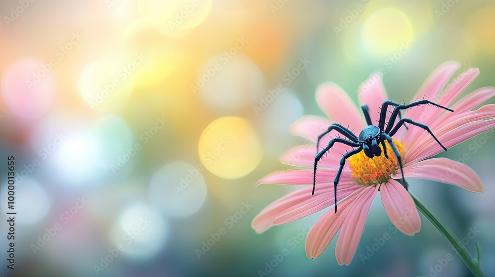 Poster a spider climbing a flower stem with a blurred garden background, leaving ample space for adding tex