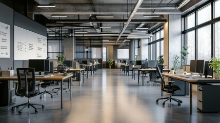 A spacious, open-plan office with desks and chairs arranged neatly, with ample space for text on the walls.