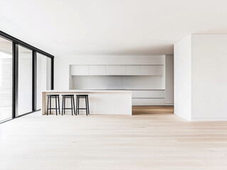 Bright and spacious modern kitchen with minimalist design and large windows in a contemporary home interior