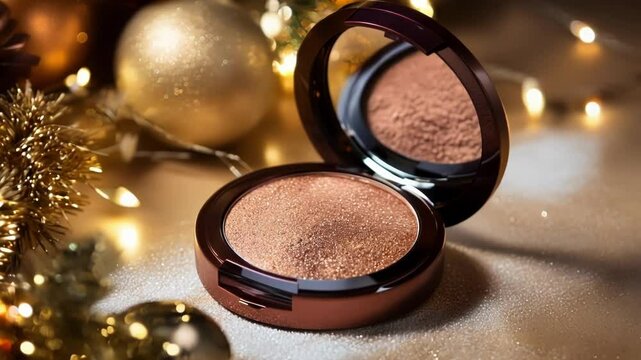 Open compact powder sparkling on a glittery surface surrounded by christmas decoration and warm string lights, perfect for a festive beauty concept