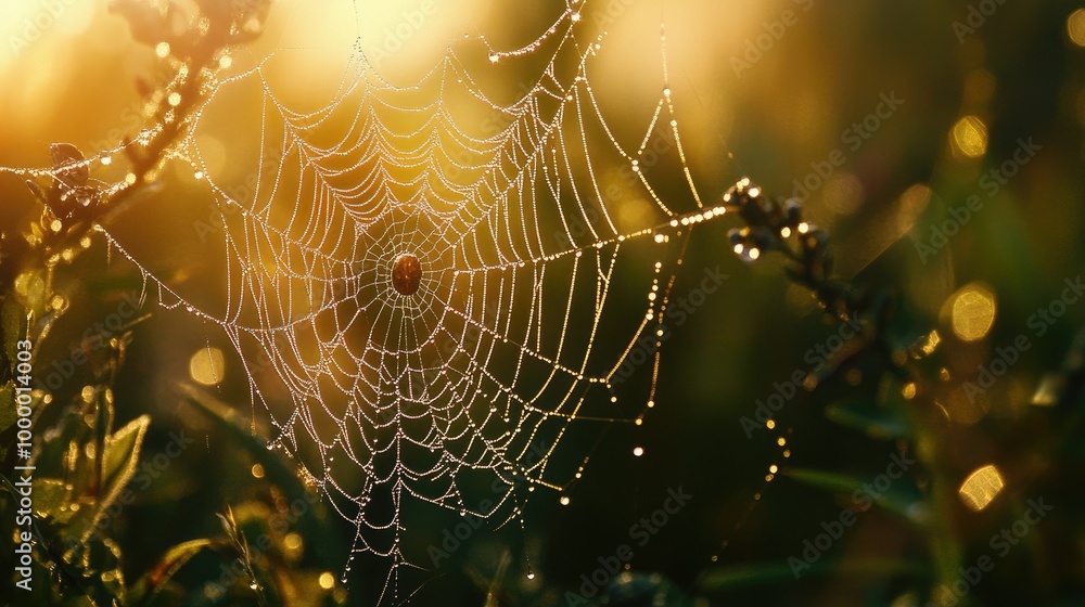 Poster a spider intricate web glistening with dew in the morning light, with plenty of open space around fo