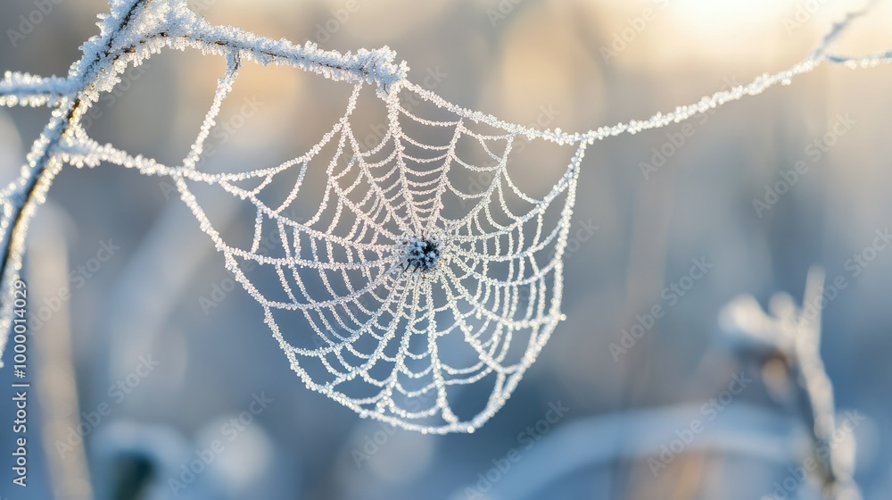 Poster a spider's web covered in morning frost, with a clean and expansive background for text placement. -