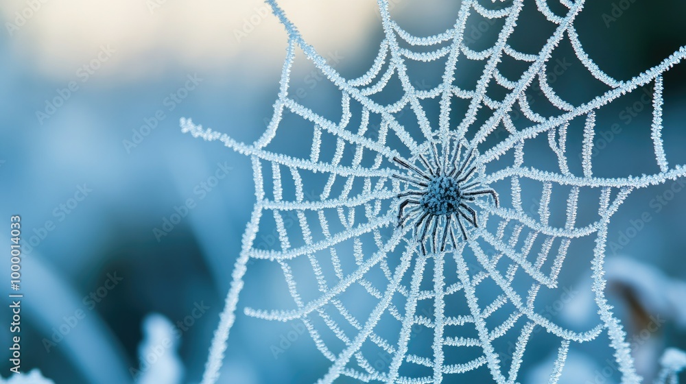 Poster a spider's web covered in morning frost, with a clean and expansive background for text placement. -