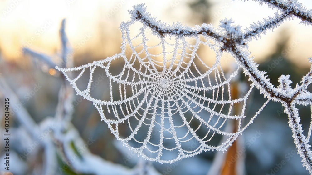 Aufkleber a spider's web covered in morning frost, with a clean and expansive background for text placement. -