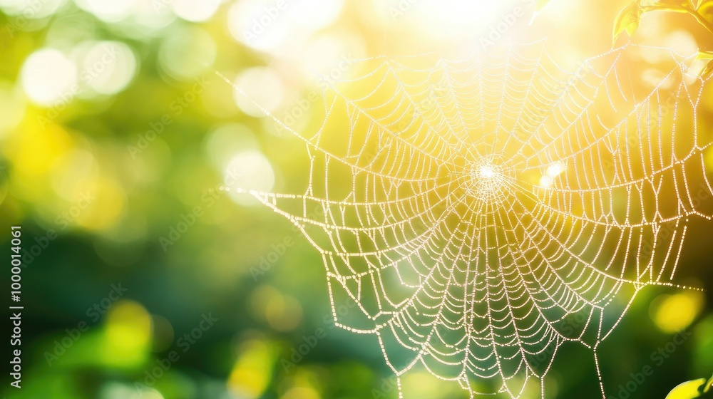 Aufkleber a spider's web glistening in the sunlight with a clear sky in the background, offering space for add