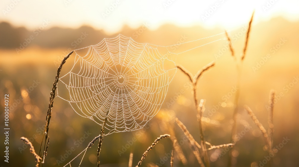 Aufkleber a spider's web glistening in the sunlight with a clear sky in the background, offering space for add