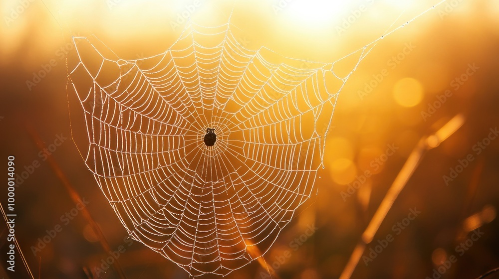 Aufkleber a spider's web glistening in the sunlight with a clear sky in the background, offering space for add