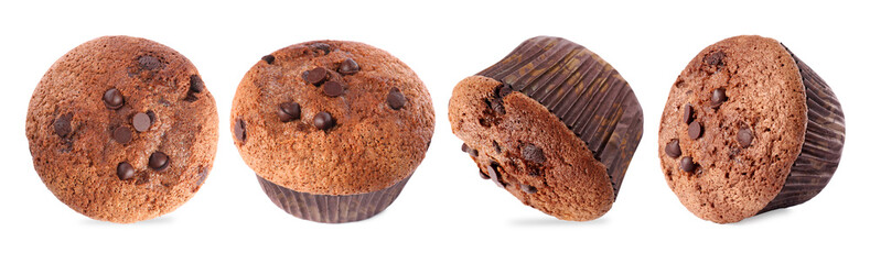 Yummy muffins with chocolate chips isolated on white, set