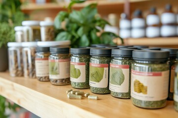 A close-up shot of organic adaptogen supplements such as rhodiola and holy basil, displayed in glass jars with eco-friendly labels, placed on a wooden table with natural lighting
