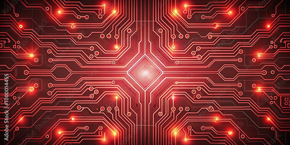 Poster intricate circuit pattern with neon red light panoramic
