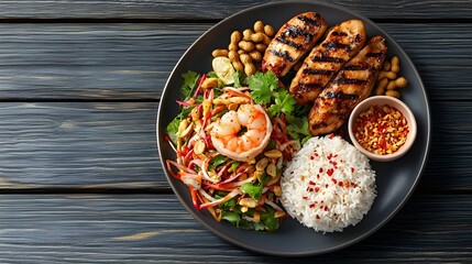 Spicy Thai Som Tum Salad with Dried Shrimp and Peanuts - Delicious Green Papaya Salad Served with Grilled Chicken and Sticky Rice on a Rustic Wood Table