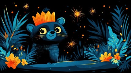 Naklejka premium A whimsical creature with a crown peers from the shadows of a dark, lush forest, illuminated by sparkling lights.