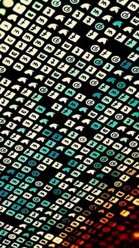 Editorial use only. Many different logos of social nets flowing on black background, seamless loop. Animation. Abstract media icons, cells with gradient effect.