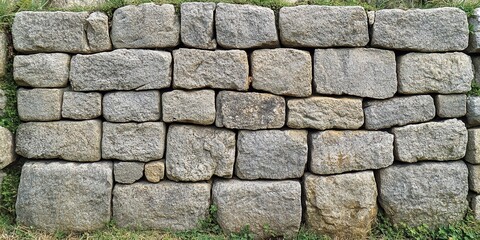 Fototapeta premium A weathered stone wall constructed with irregular shaped, gray granite blocks, exhibiting a rustic and natural texture.