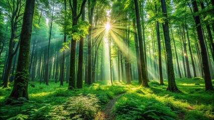 Intricate layers of optical seamless patterns in lush emerald forest during early morning light at eye level