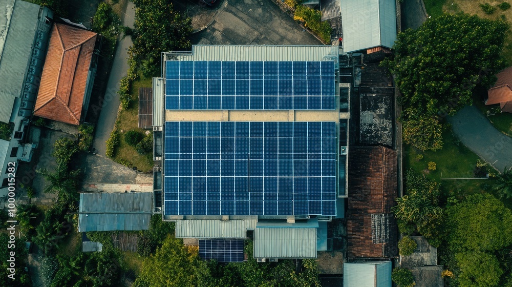 Aufkleber a top view of solar cells installed on a building, with plenty of open space around for text.