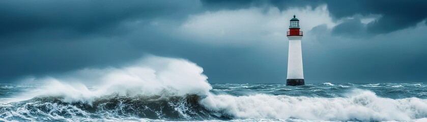 Naklejka premium dramatic lighthouse stands tall against turbulent waves and stormy skies, symbolizing resilience and hope amidst natures fury. 