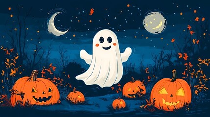 Happy Halloween Ghost and Jack o Lantern in Forest Night