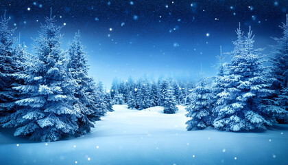 Winter night landscape. Beautiful nature scene with snowy fir pine forest. Cold wonderland. Christmas and New Year vibe.