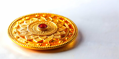 Obraz premium Futuristic Macro Shot of Bhai Dooj Coin with Glowing Inscriptions and Intricate Textures � Celebrating Tradition in Modern Design