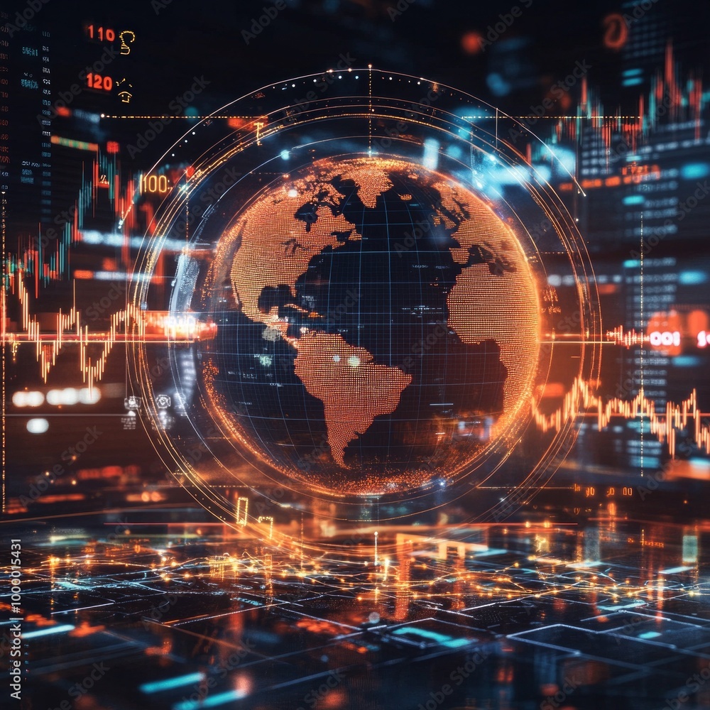 Poster a futuristic globe surrounded by complex data visualizations and financial graphs. this image repres
