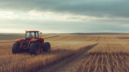 Fototapeta premium A tractor in a field during harvest season with crops in the background, providing ample open space for text.