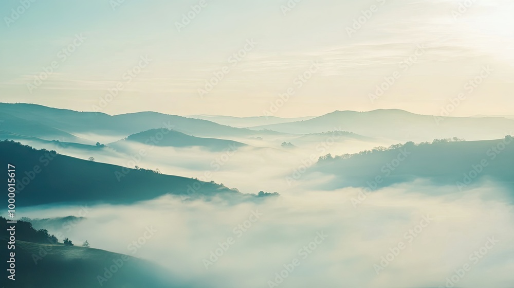 Poster a tranquil landscape covered in a thick sea of fog with rolling hills in the distance, providing amp