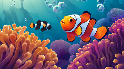 Cute anemone fish playing on the coral reef, beautiful colored clown fish on the coral reef, anemones on the tropical coral reef, which is very beautiful. Coral Garden. Illustration
