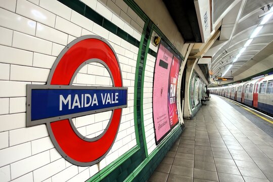 Maida Vale Underground tube station roundel sign on the platform