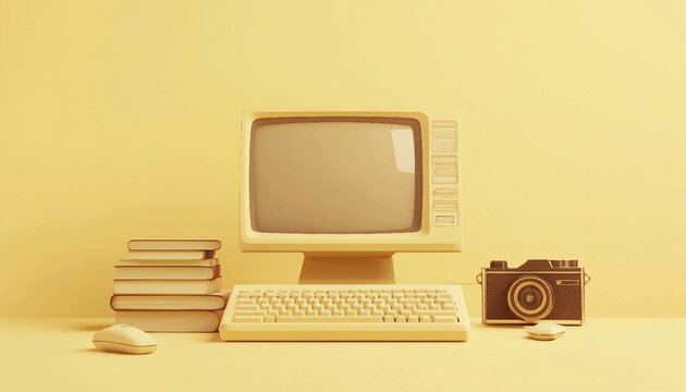 Old computer on yellow background 3d render, A retro computer setup from the 1980s with a beige monitor,