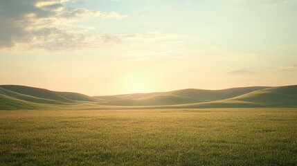 Obraz premium A wide-open field with rolling hills and a clear sky, offering ample space for text in the sky or foreground.
