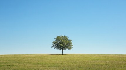 Obraz premium A wide-open landscape with a lone tree and clear blue sky, offering plenty of space for text or copy.