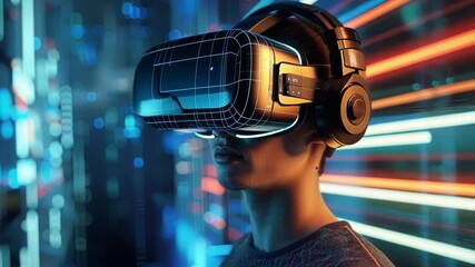 Young man is wearing a vr headset, experiencing a virtual reality using brain computer interface technology. The image evokes a sense of futuristic technology and its impact on human capabilities