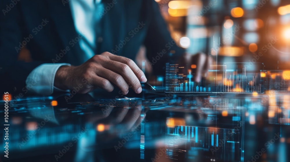 Poster a business professional analyzes data on a futuristic touchscreen, emphasizing technology and financ