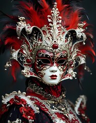 A stunning Venetian carnival mask with a dominant red theme.