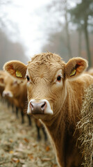 A brown cow with yellow ear tags looks directly at the camera.