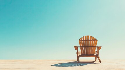 An empty wooden chair on a sunny patio, with a clear sky and open space for adding copy.
