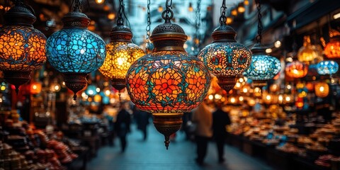 Fototapeta premium A tapestry of colorful glass lanterns hangs in a vibrant marketplace, their intricate patterns casting warm, inviting light on the bustling crowd below