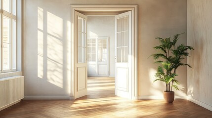Fototapeta premium An open doorway leading to a sunlit room, with plenty of space around the doorframe for adding copy. -