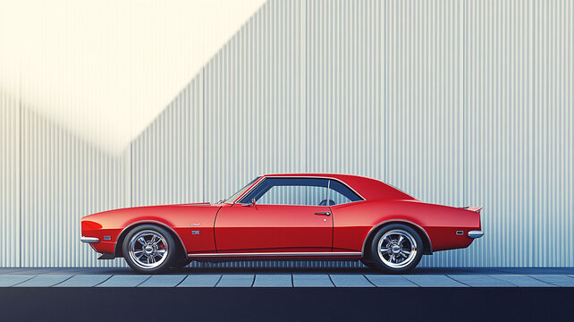 Vintage Red Muscle Car, 1968 Camaro Parked Outside a White Building, Classic American Muscle, Chrome Wheels, Retro Design, Side Profile
